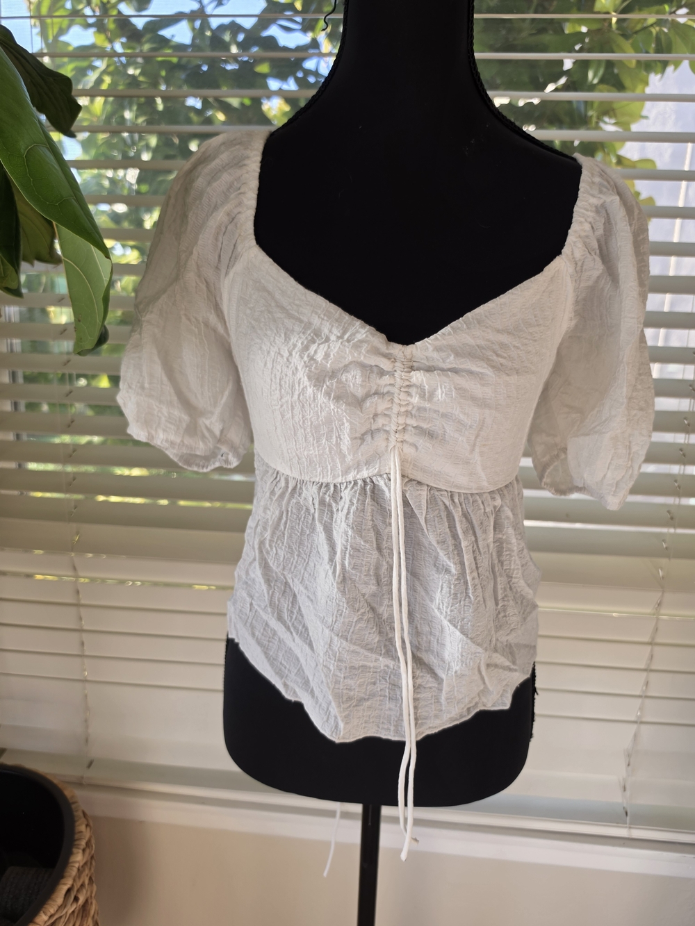 Full Tilt White Puff-Sleeve Drawstring Peasant Top